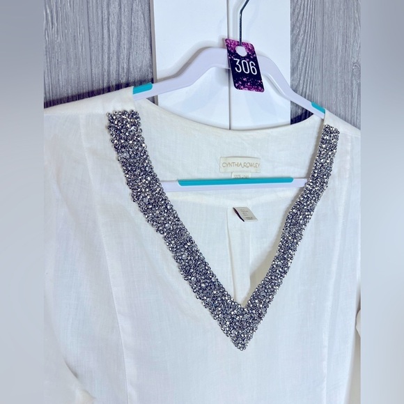 306. Cynthia Rowley Beaded V-Neck Linen Top Cream/Bronze Large - Picture 7 of 7